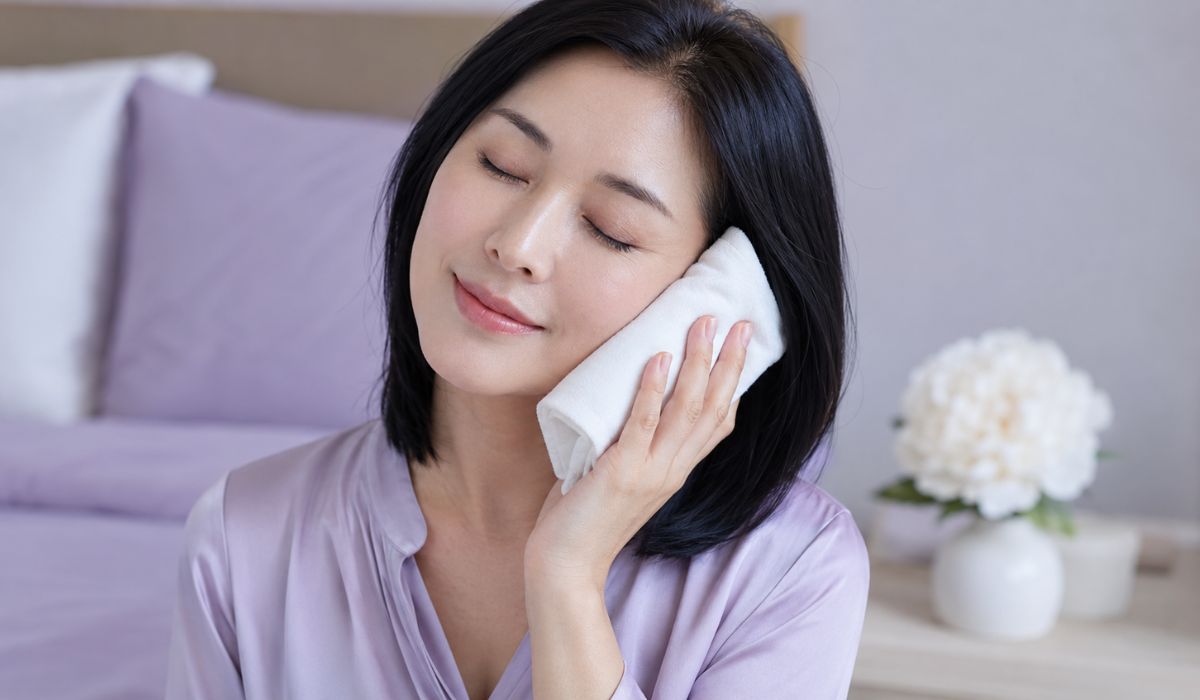 ラベンダー色のブラウスを着た女性が頬に保冷剤を当てて穏やかに微笑む様子
