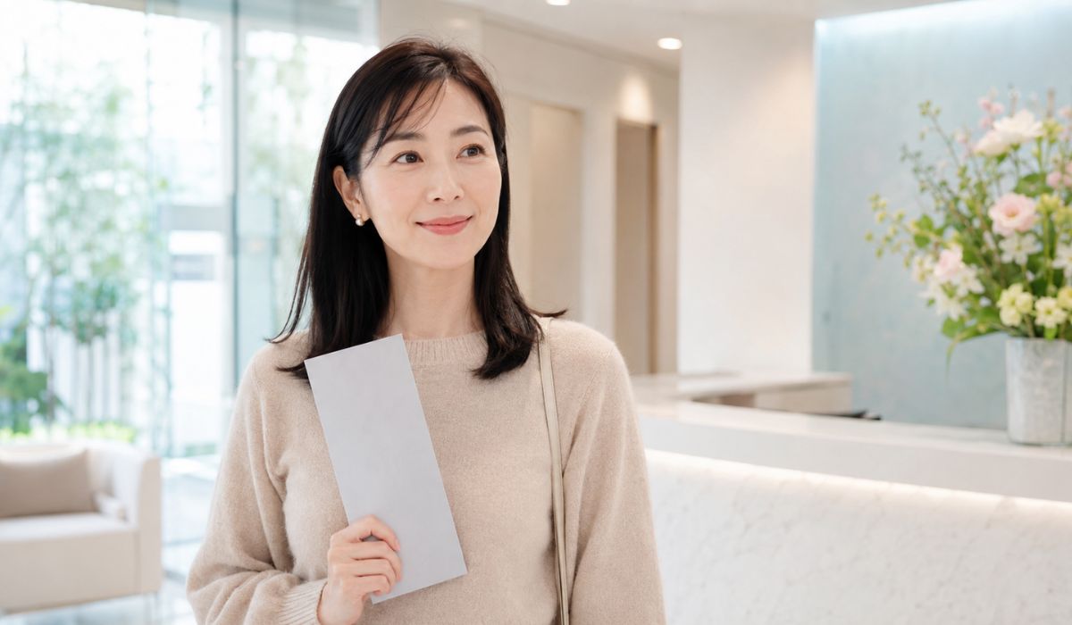 私服姿の女性がクリニックの受付ロビーでパンフレットを手に微笑む様子