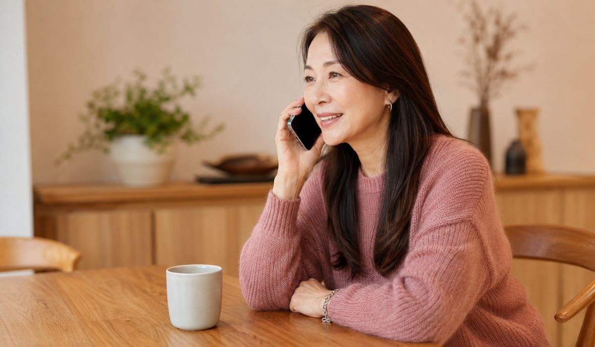 ダスティローズのセーターを着た女性が自宅でスマートフォン通話をする様子