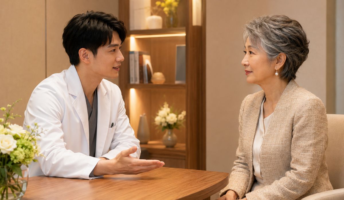 白衣の若手男性医師と60代女性が相談デスクで向かい合って話す様子