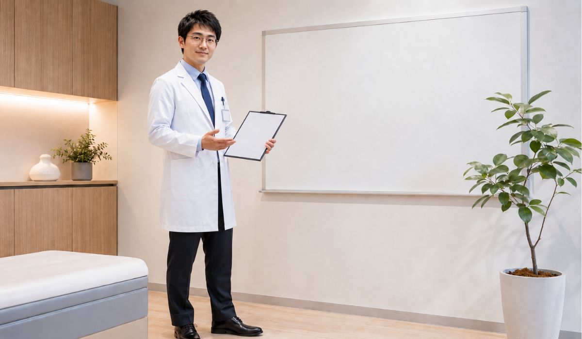 白衣と眼鏡の男性医師が診察室でクリップボードを手に説明する様子