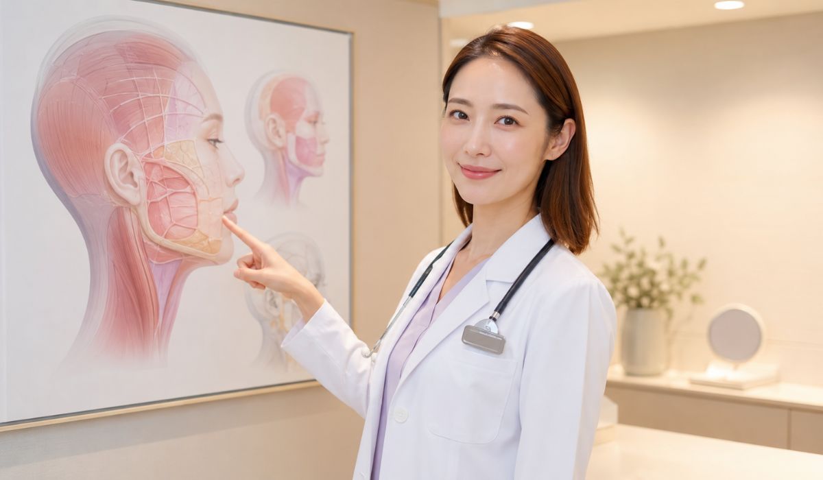 白衣を着た女性医師が壁の顔面解剖図を指差して説明する様子