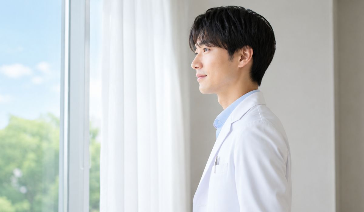 診察室の窓辺で静かに外を眺める男性医師の横顔