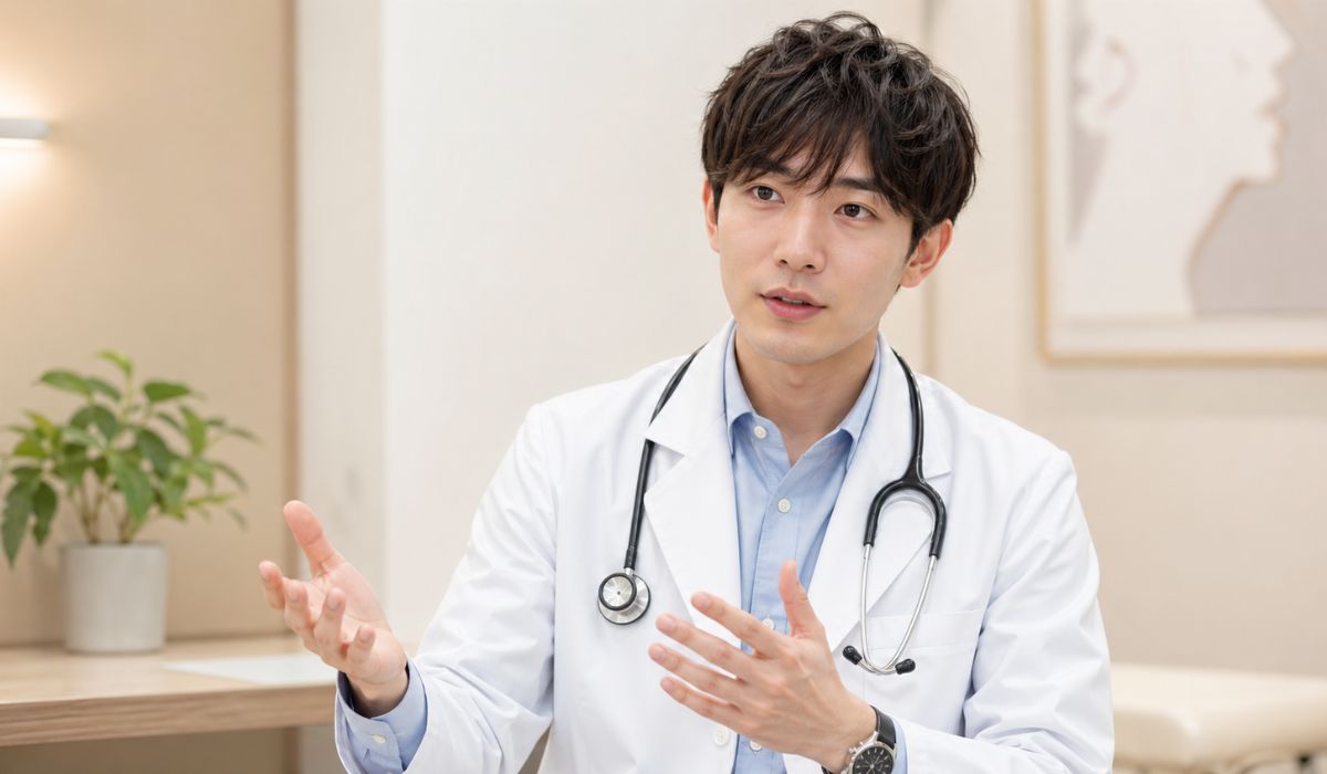 診察室で手振りを交えて穏やかに話す白衣姿の日本人男性医師