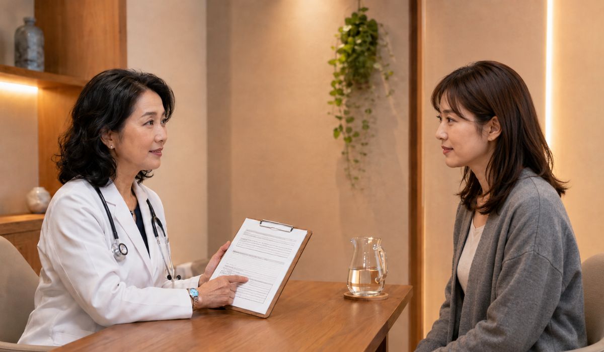 木製のテーブルを挟んで白衣の日本人女性医師がクリップボードを示しグレージャケットの30代日本人男性に説明している二者対話のサイドビュー