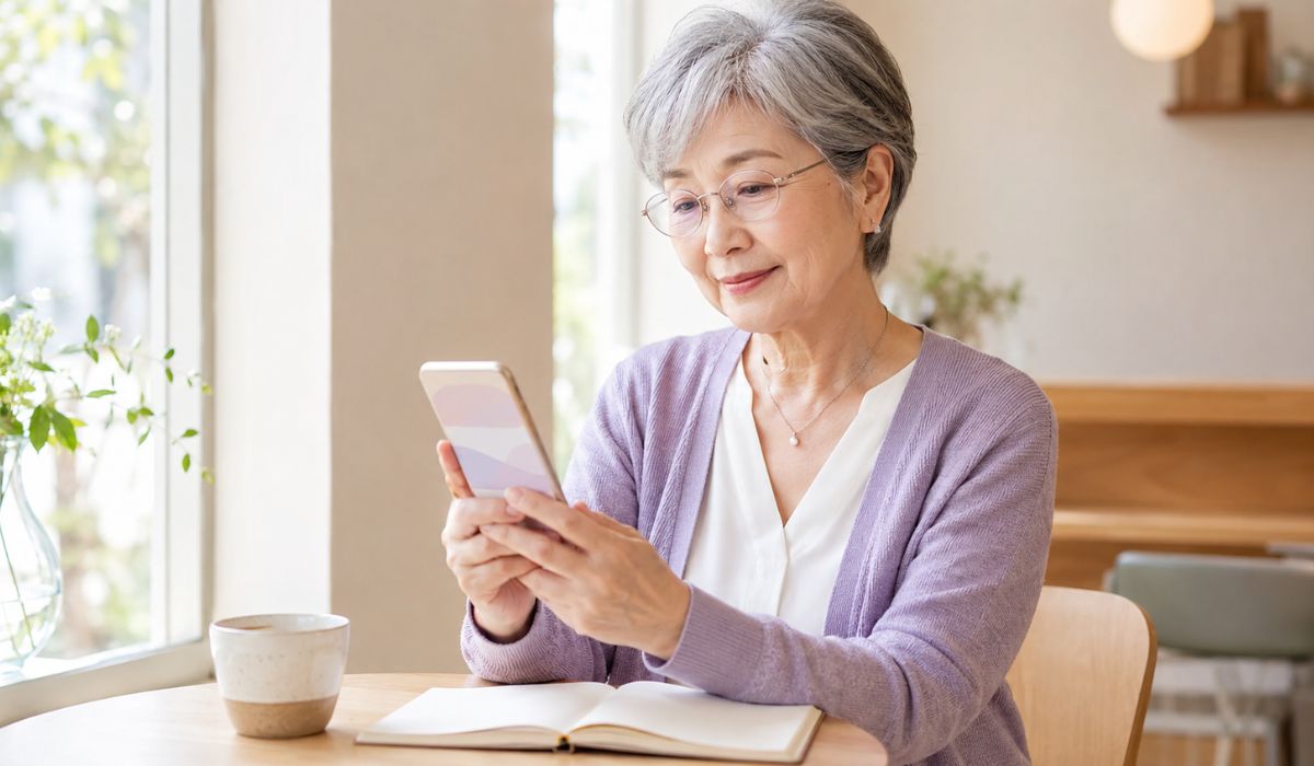 薄紫のカーディガンを着た60代の日本人女性がカフェ風空間でスマートフォンとノートを開いて情報を比較している斜め俯瞰