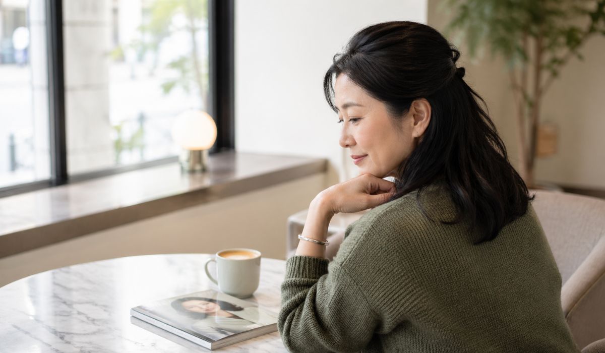 カフェの窓際で雑誌を見ながら頬杖をつく日本人女性