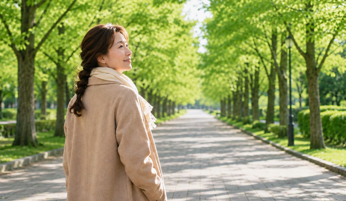 ベージュのコートに白いマフラーを巻いた日本人女性が秋の並木道を前を向いて歩いている後ろ姿ワイドショット