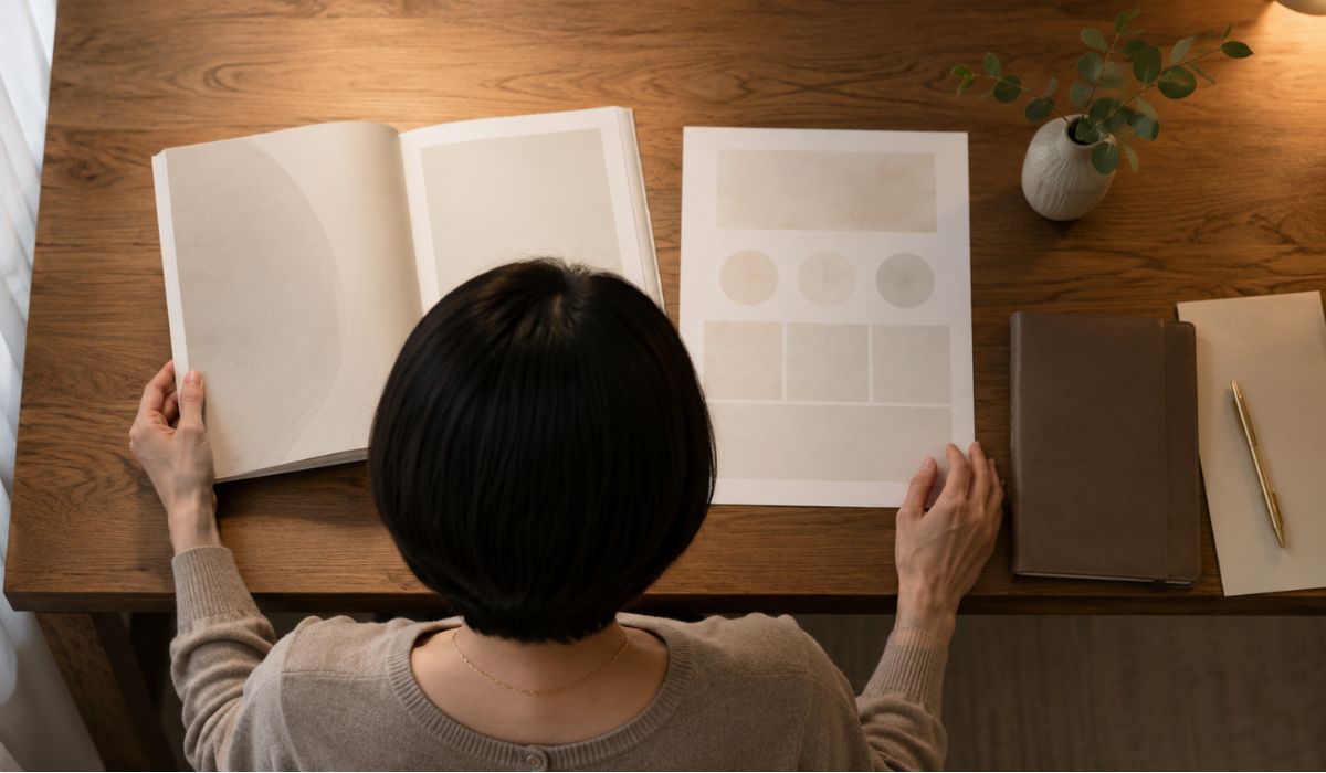 書斎机で資料を広げて読む女性を真上から見下ろした俯瞰