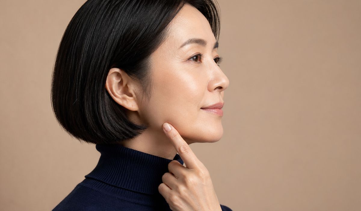 ベージュの背景で頬から顎の輪郭を指でなぞる日本人女性のサイドプロフィール