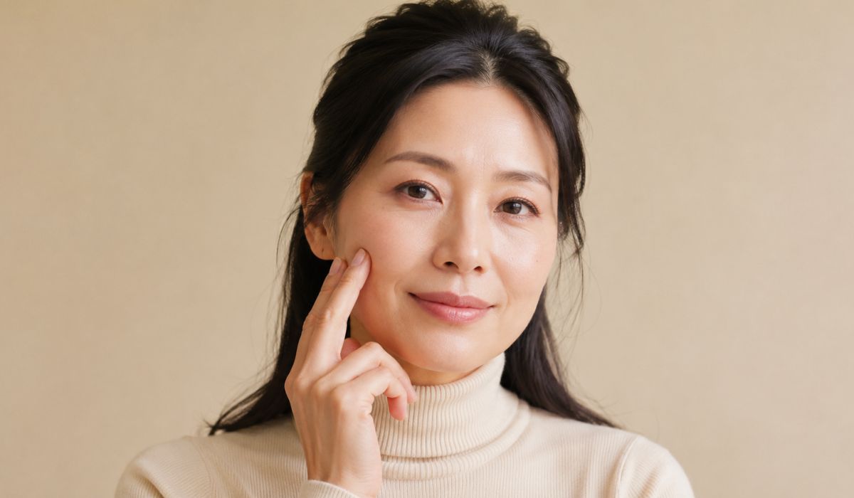 自分の頬骨周辺に指先を当てて顔の構造を感じている女性