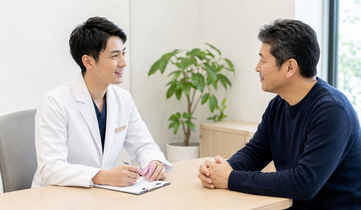 診察室で男性医師と男性患者が対話する様子