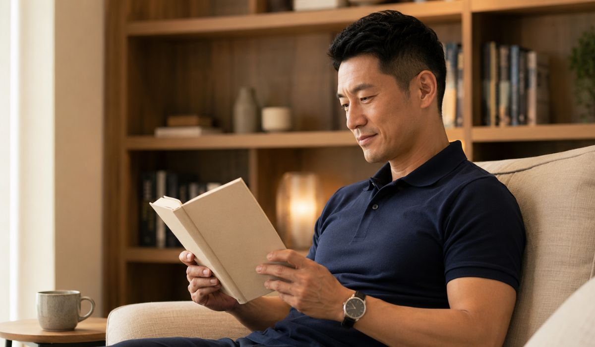 ソファで本を読む30代後半の男性