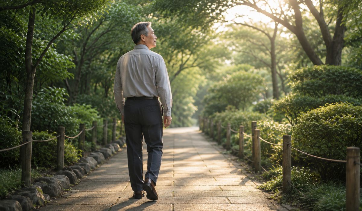 朝の光に向かって散歩道を歩く60代男性の後ろ姿