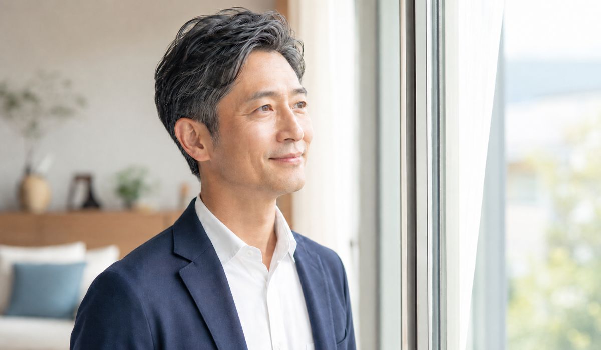 朝の窓辺で穏やかな表情を浮かべる40代男性