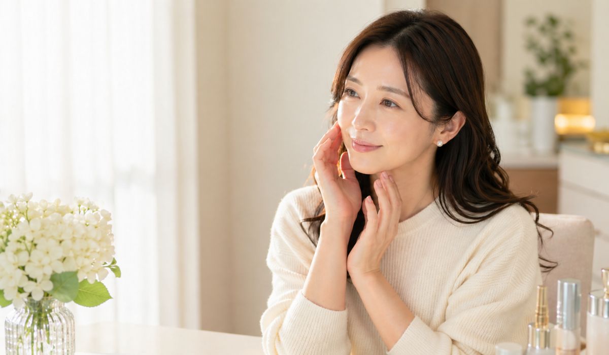 鏡の前で自分のフェイスラインに指で触れる日本人女性