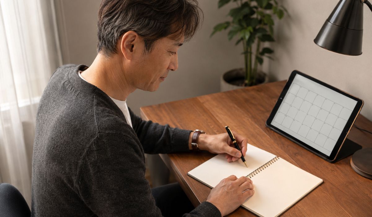 ノートに書き込みをする40代男性の手元