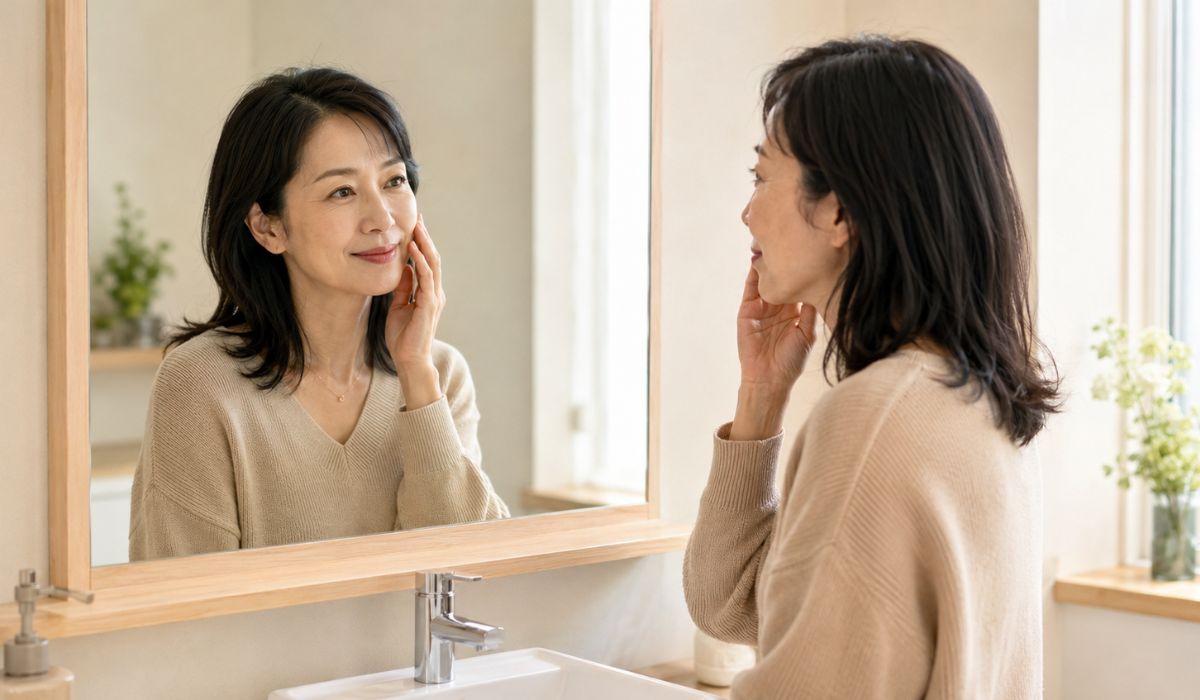 自宅の洗面コーナーで鏡を見ながら頬に手を添える40代後半の日本人女性