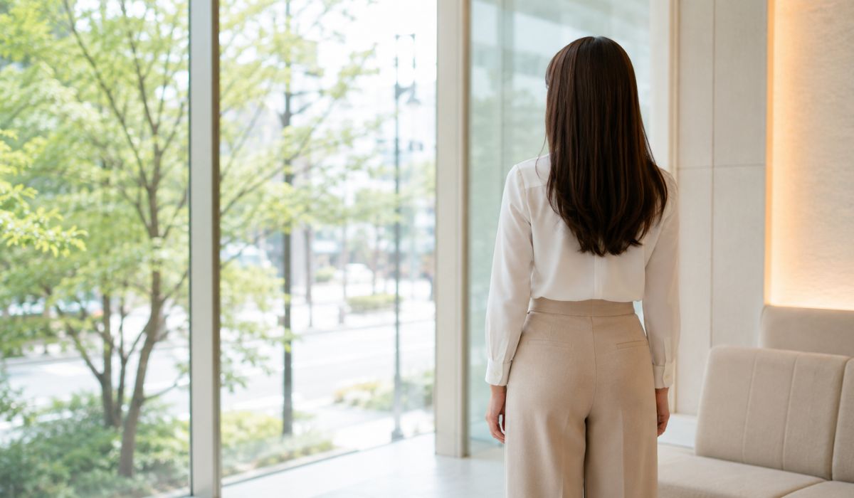 クリニックの待合スペースで窓辺に立ち外を眺める30代後半の女性の後ろ姿