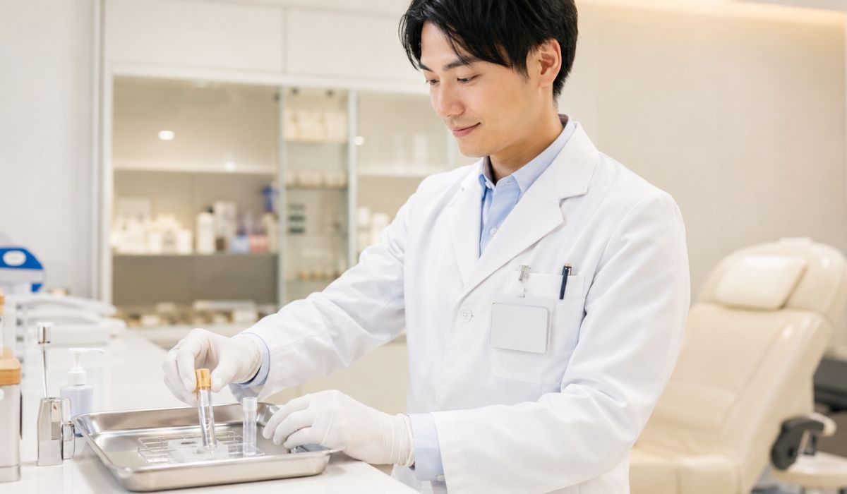 処置室で採血チューブと遠心分離容器を準備する20代後半の日本人男性医師