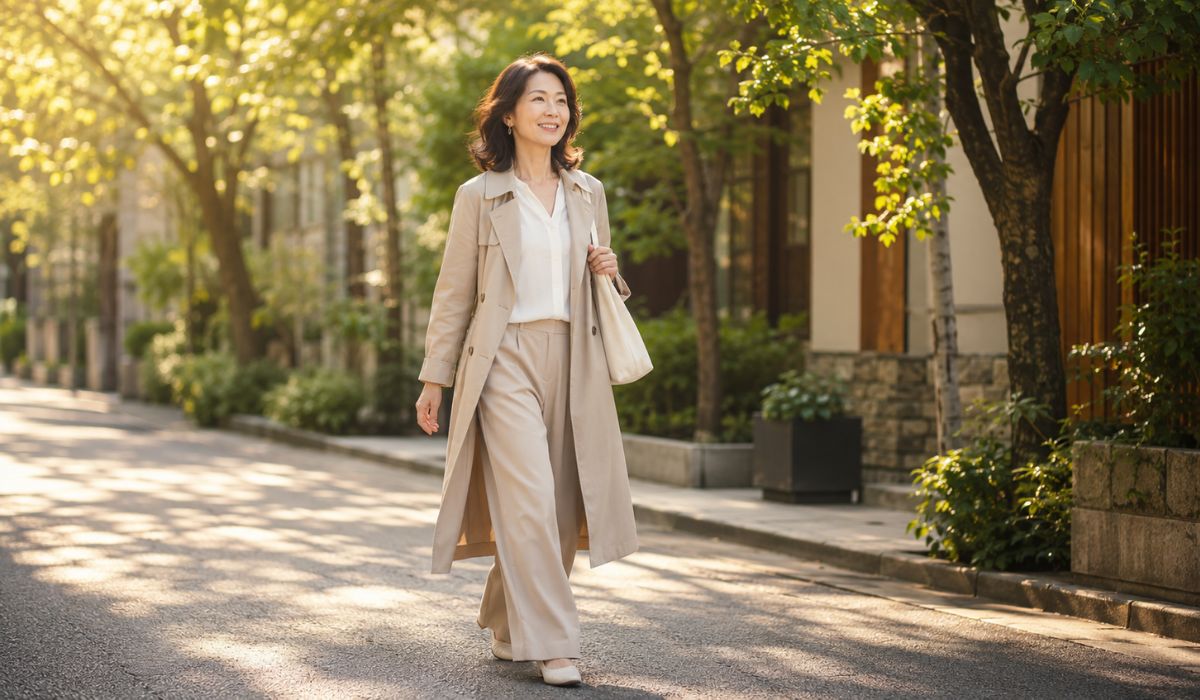 朝の並木道を爽やかに歩く50代前半の日本人女性のフルボディ