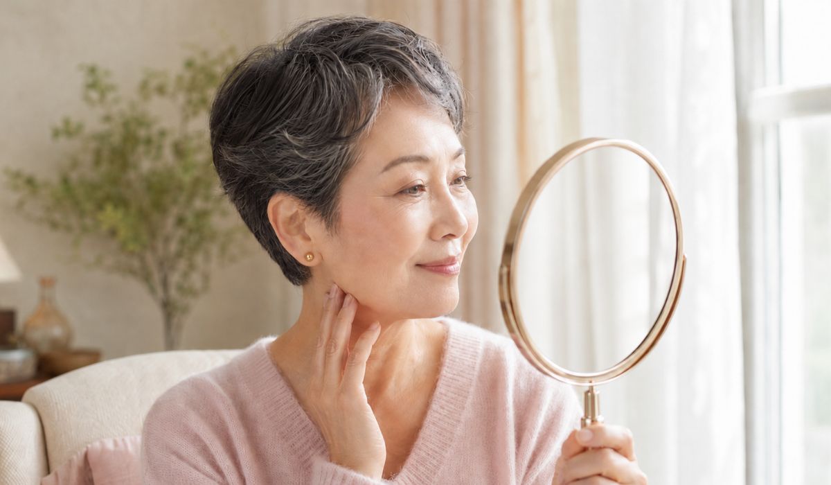 窓辺で手鏡を持ちフェイスラインを確認する60代前半の日本人女性