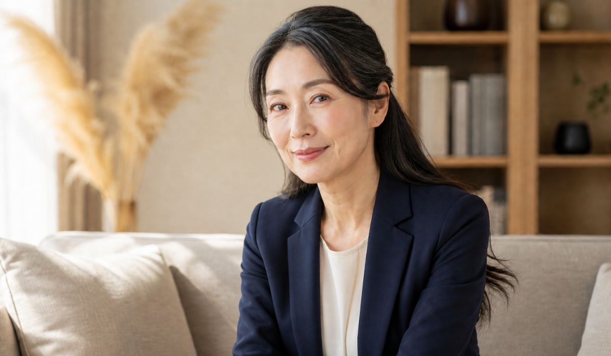 自宅リビングのソファに座り頬に手を添えて思案するネイビージャケットの女性