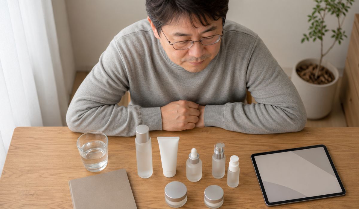 机の上のスキンケア用品を見る40代男性
