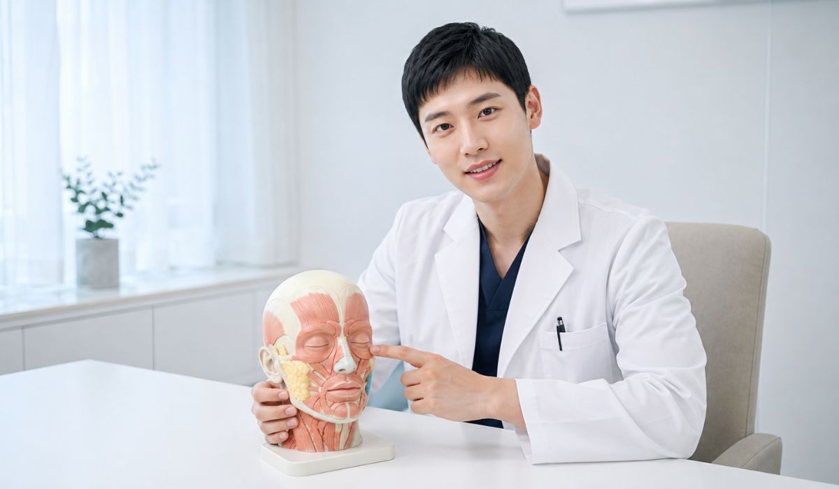 白衣の若い日本人男性医師が机の上で顔の3D解剖モデルを指し示し説明しているデスクシーン