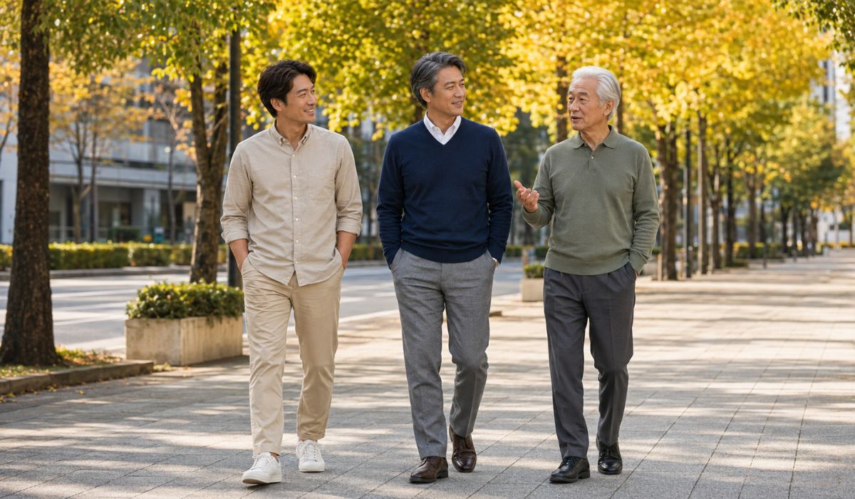 並木道を歩く異なる年代の男性3名