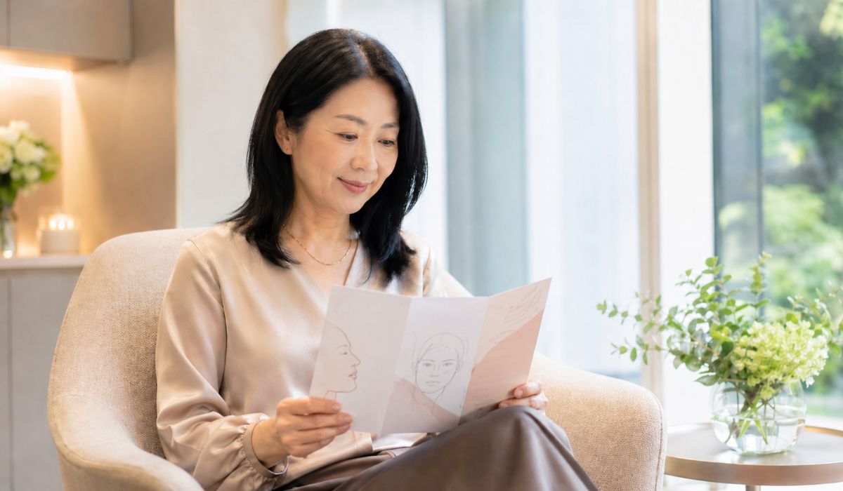 相談ラウンジのアームチェアでタブレットを見る日本人女性