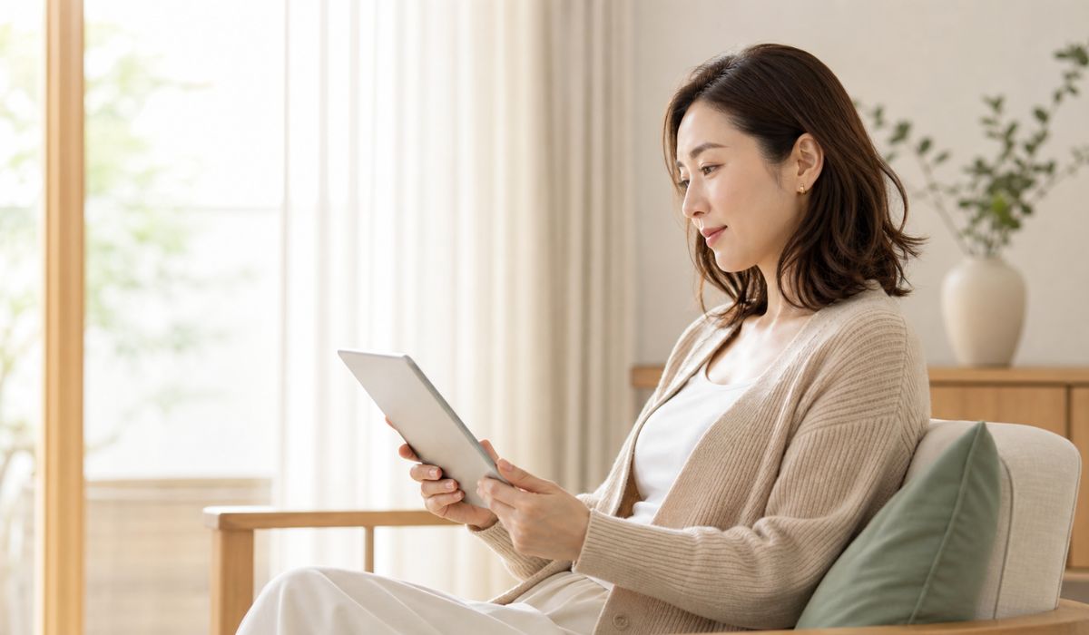 自宅の窓辺でタブレットを読むベージュカーディガンの女性
