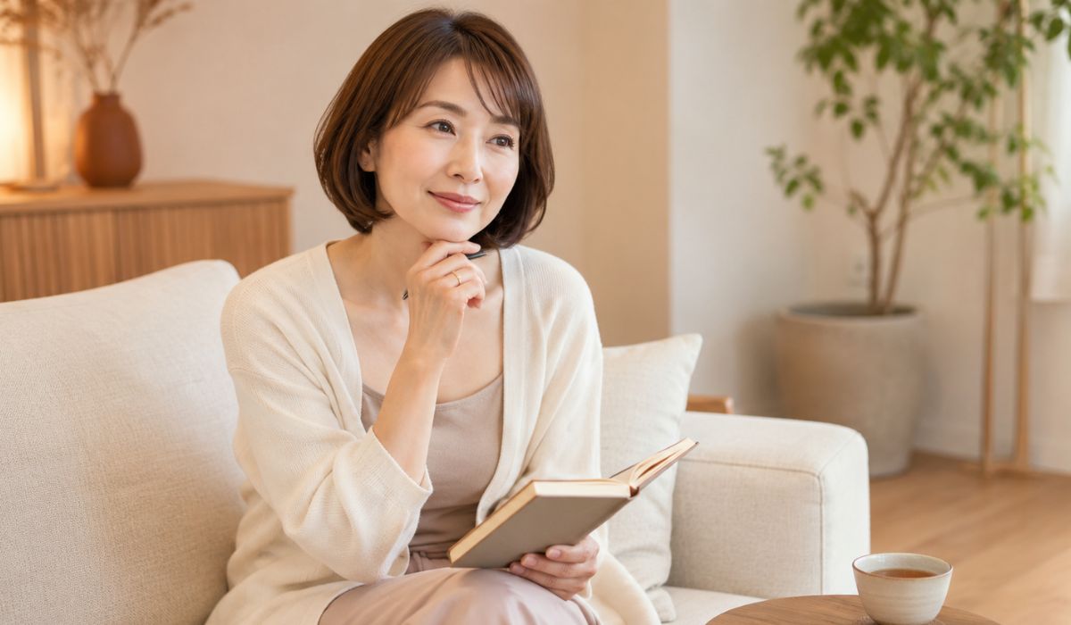ソファでノートを膝に置き考える女性