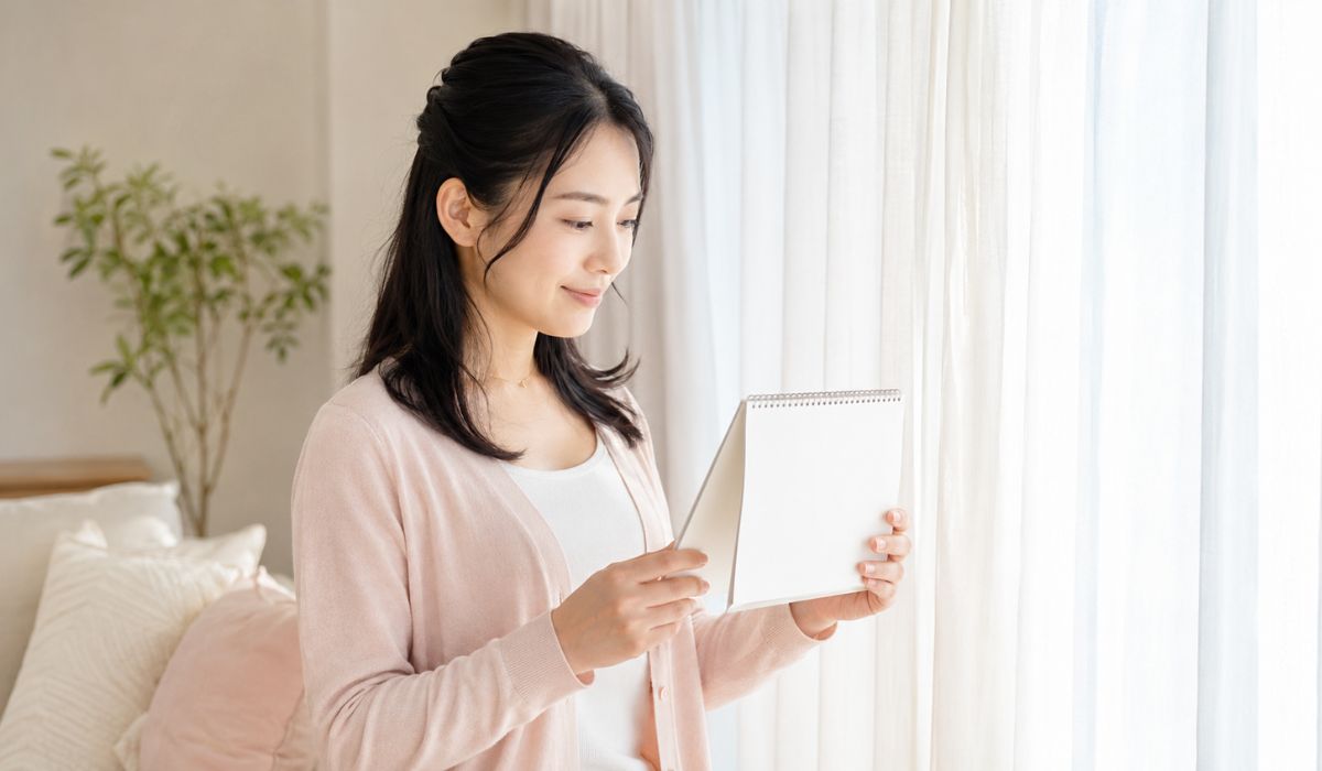 リビングでカレンダーを手にする女性