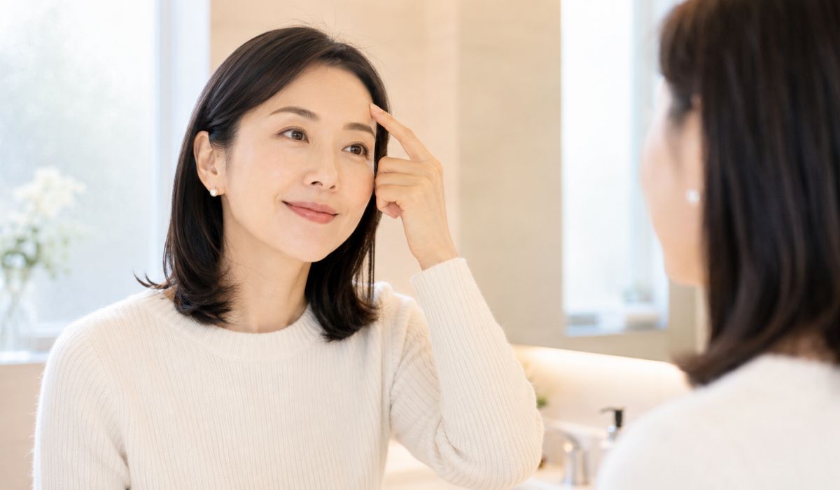 洗面所の鏡を見ながらおでこに指を添える女性