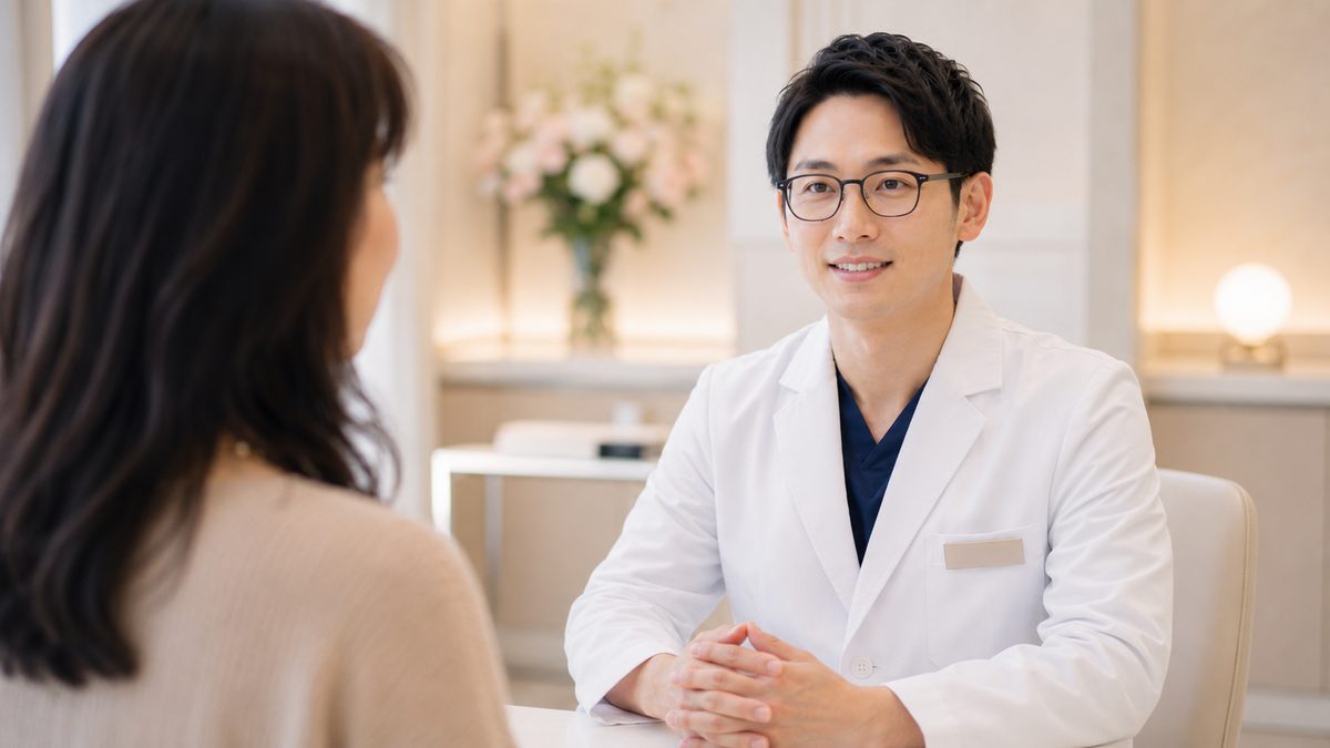 カウンセリングルームで女性と眼鏡の男性医師が向かい合って話している