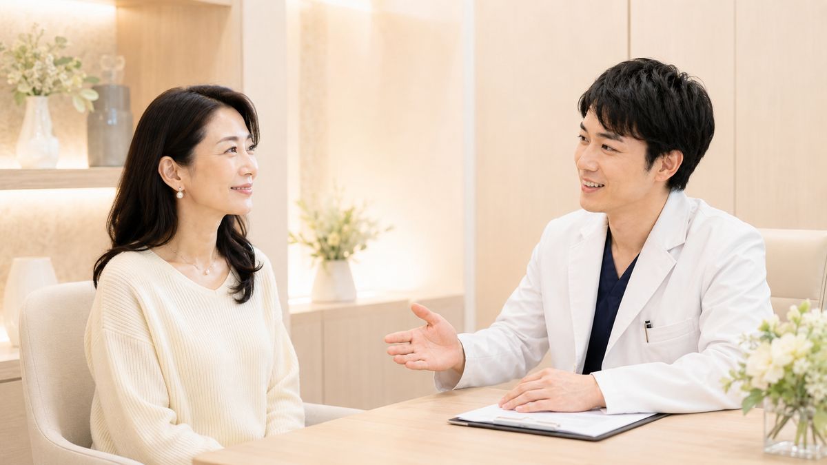 切開リフトのカウンセリングで医師と向き合う40代女性