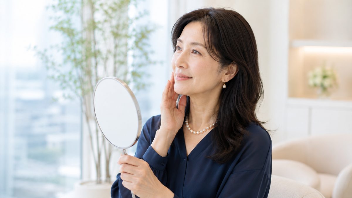 ブラウスを着た女性が手鏡を顔の横に添えて微笑んでいる