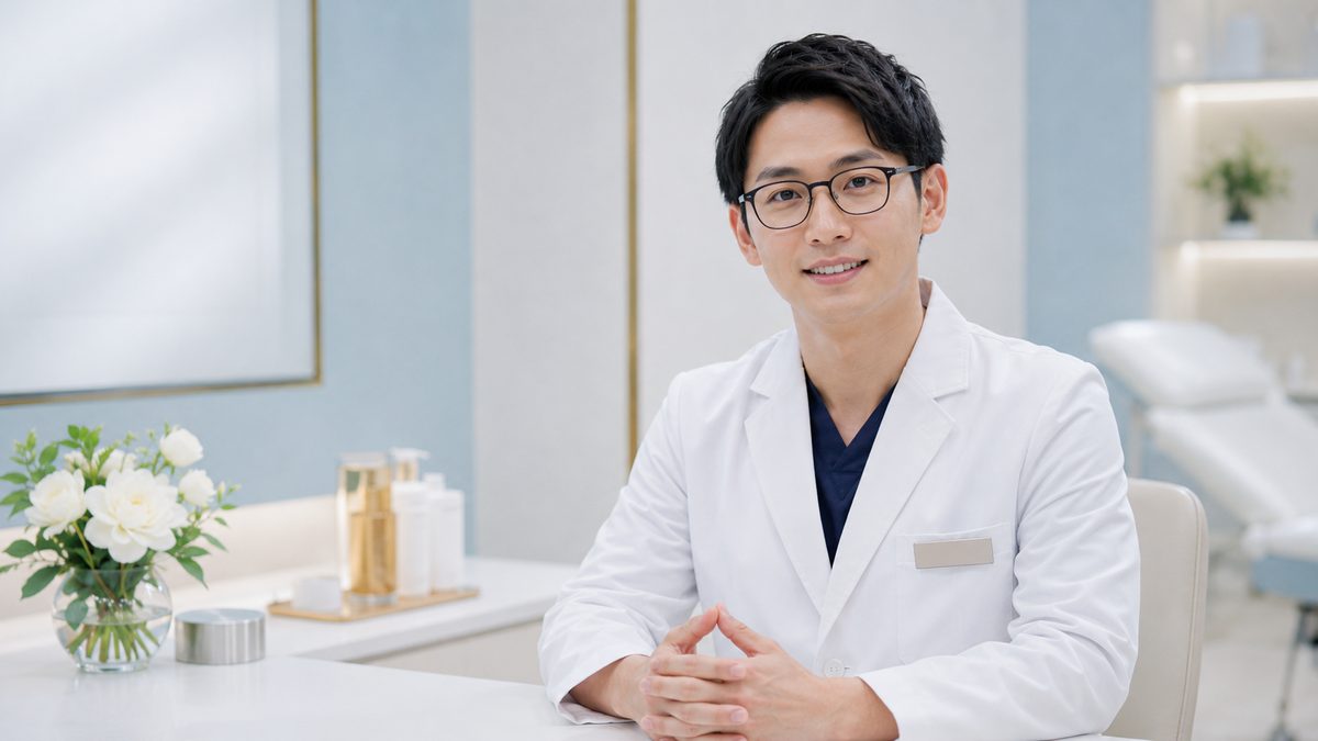 眼鏡をかけた白衣姿の男性医師がデスクで両手を組んで話している