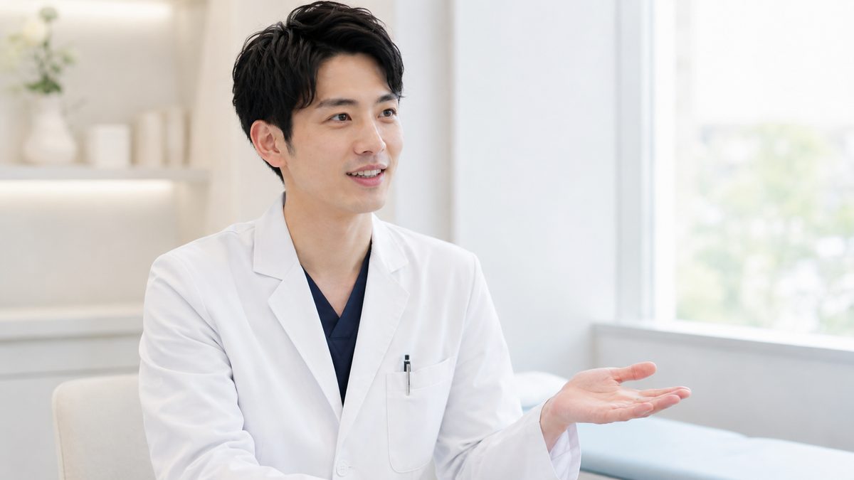 白衣姿の男性医師が窓際で手のひらを開いて説明している