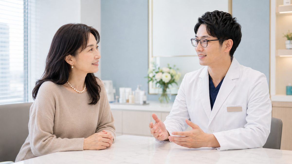 診察室で女性が少し身を乗り出し、眼鏡の男性医師と話している
