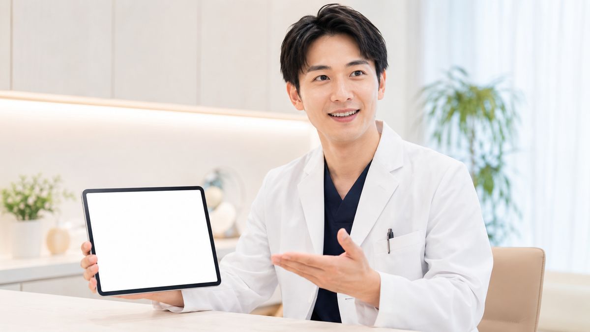 デスクでタブレットを手に説明する白衣の男性医師