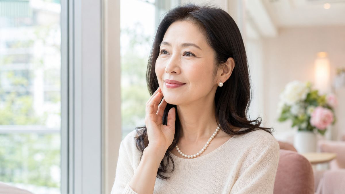 窓際で頬に手を添えてほほえむセミロングの女性