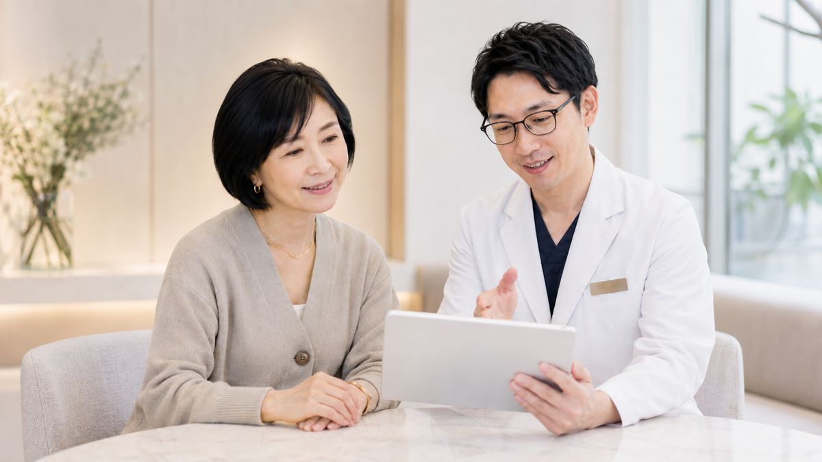 タブレットを一緒に見るボブカットの女性と男性医師
