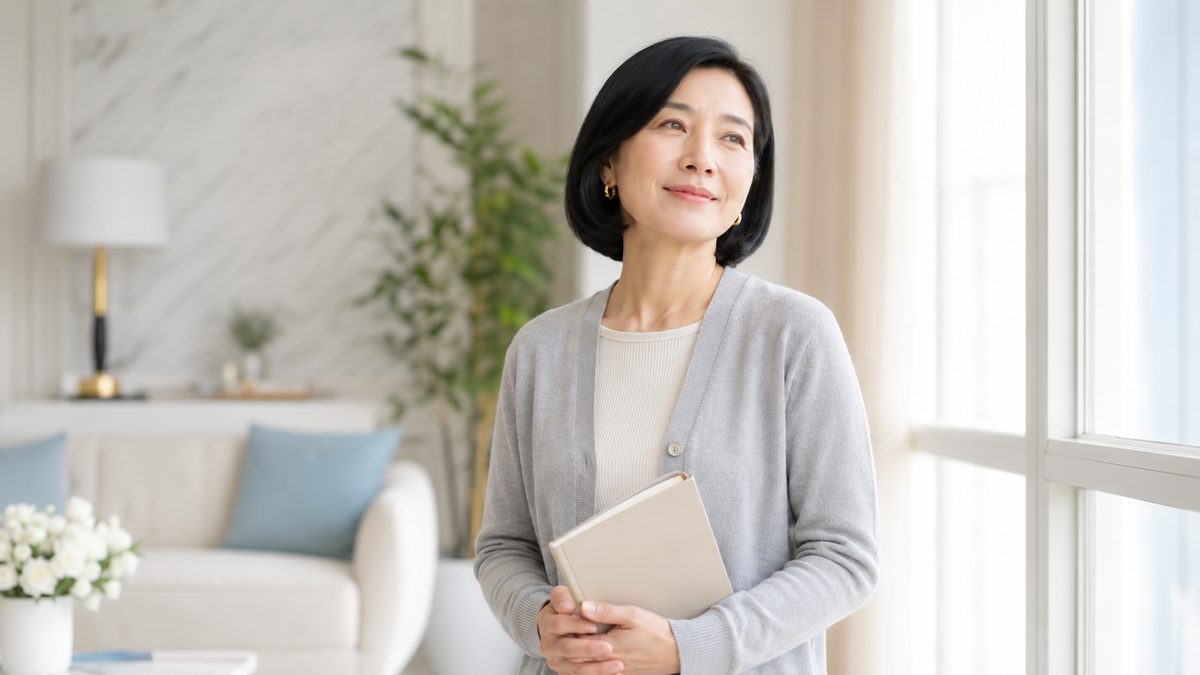 窓際で手帳を持ち、前を見て微笑む女性