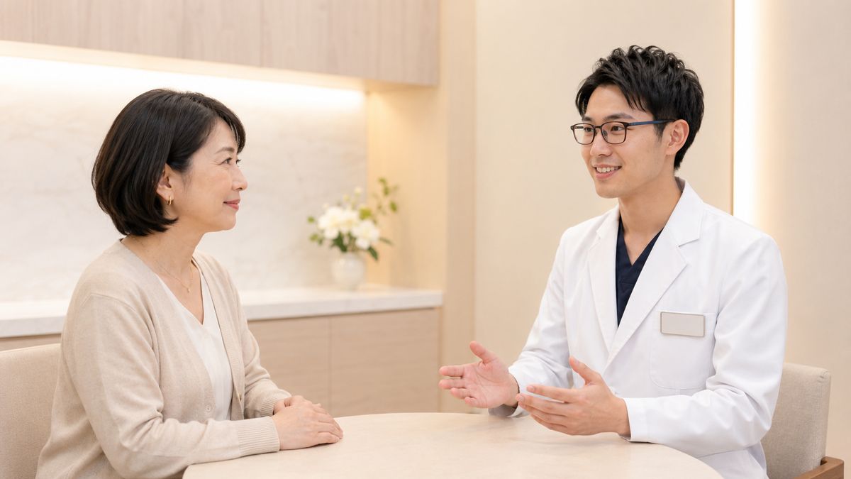 切開リフトの慎重な検討について相談する女性と男性医師