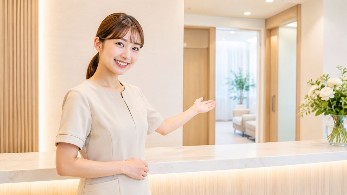 切開リフトの来院から相談までの流れを案内する受付スタッフ