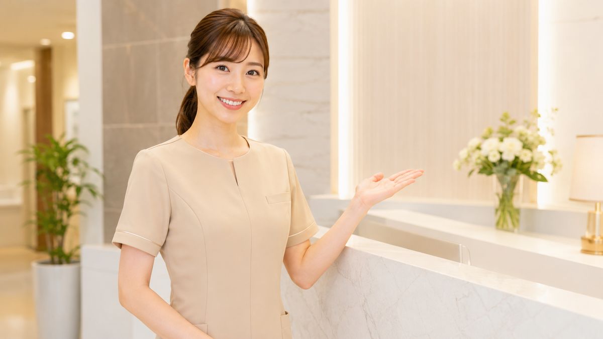 受付カウンターで案内する制服姿の女性スタッフ
