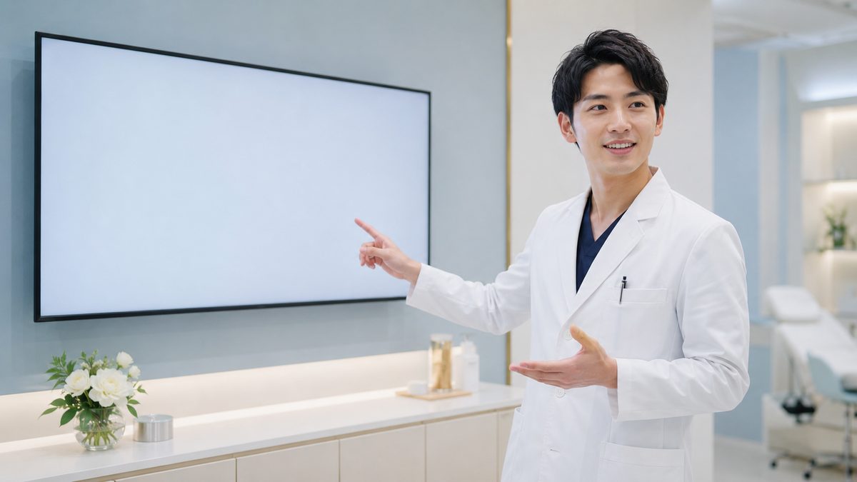 白衣姿の男性医師が壁のディスプレイを手で示しながら話している