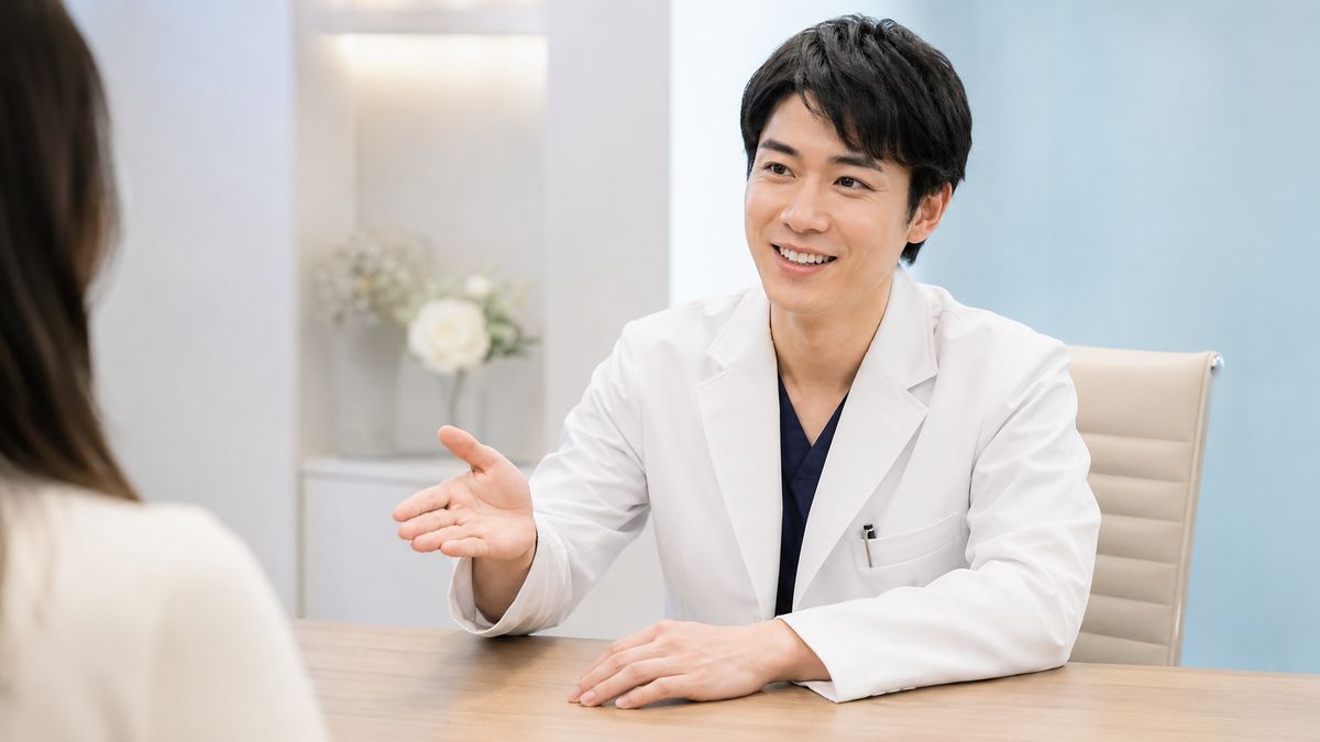 切開リフトの仕組みを診察室で説明する男性医師